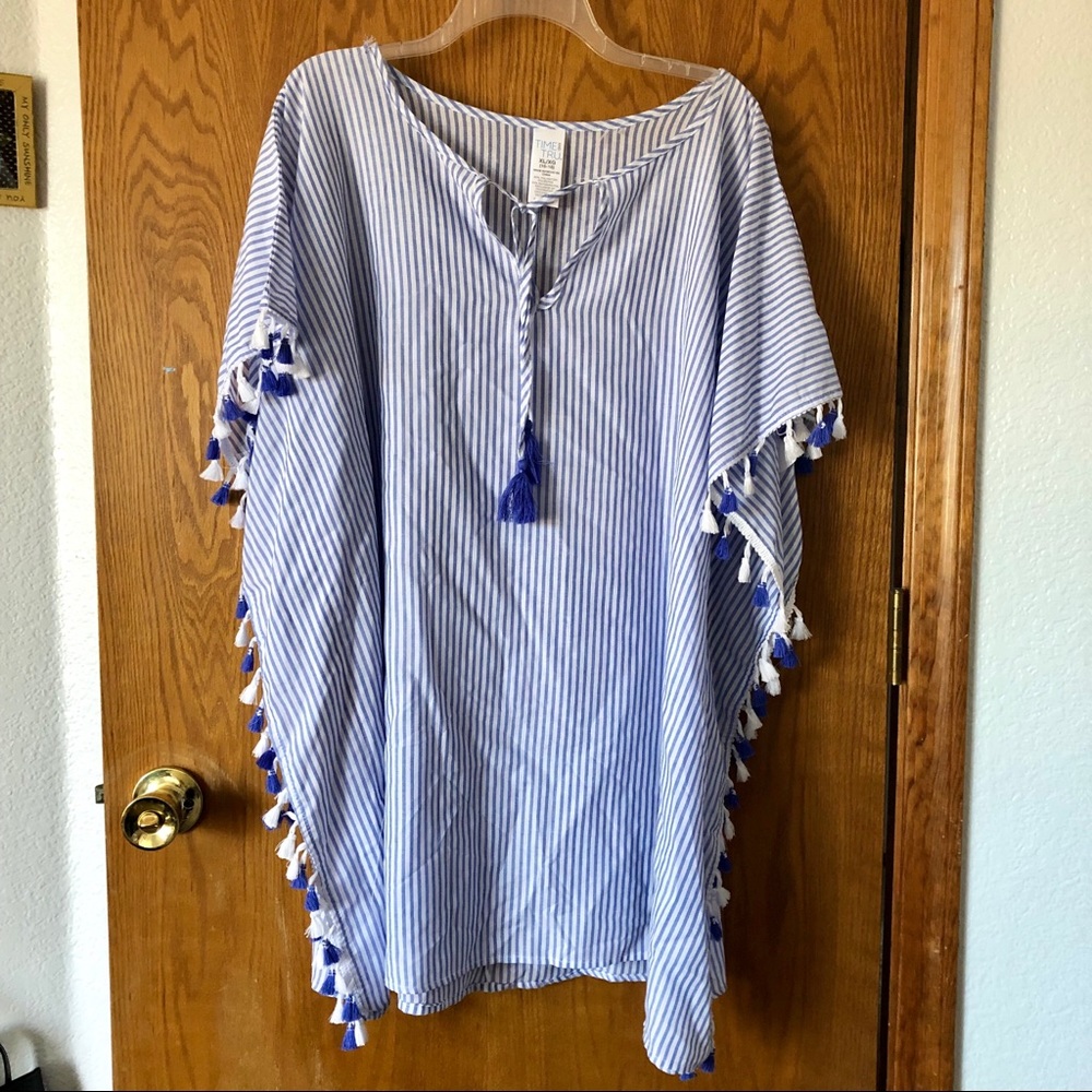 Time and Tru Blue White Striped Cover Up